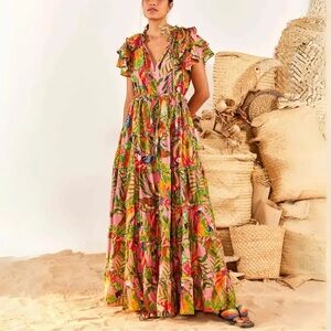 NWT. Farm Rio Macaw Leaves Tiered Maxi Dress. Size XL.